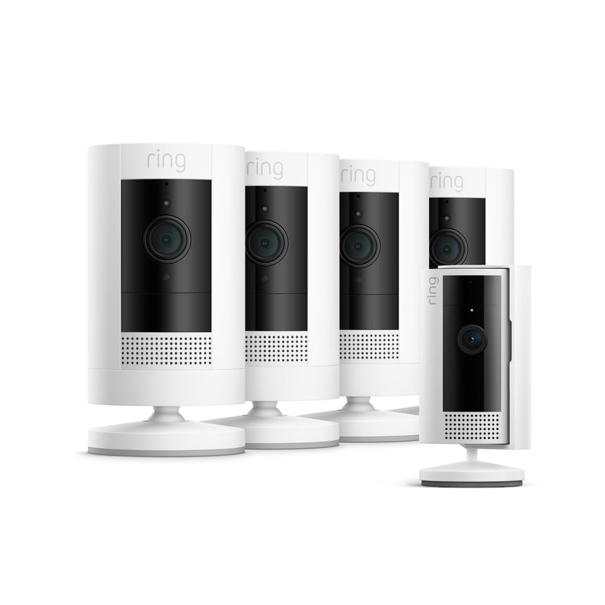 Blanc:Lot de 4 caméras extérieures sans fil + Caméra intérieure (2e gén.) (Stick Up Cam + Indoor Camera)