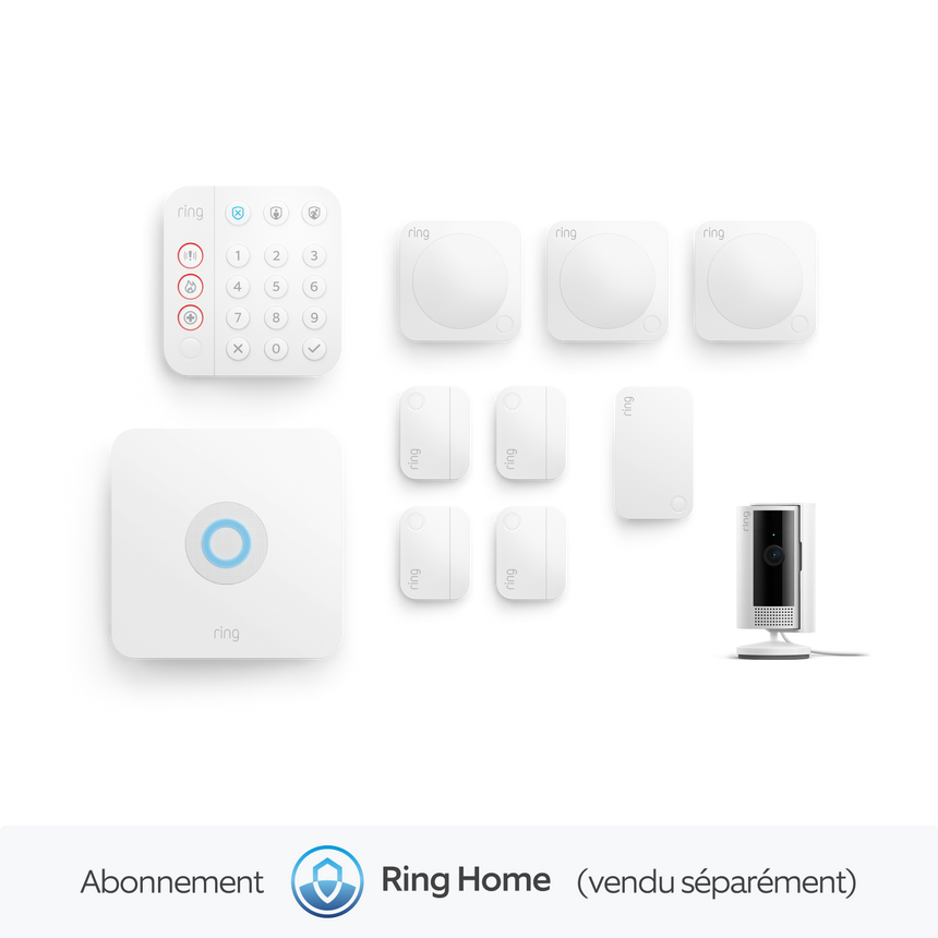 Blanc:Kit Ring Alarm L + caméra intérieure, Ring Home Standard 1 an (vendu séparément)