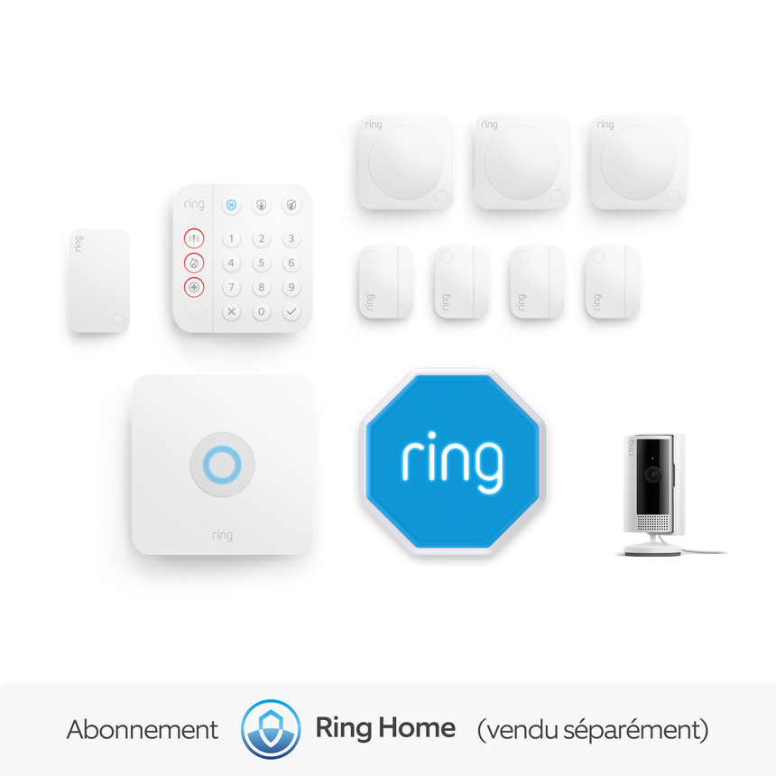 Blanc:Kit Ring Alarm L + caméra intérieure + sirène incluse, Ring Home Standard 1 an (vendu séparément)